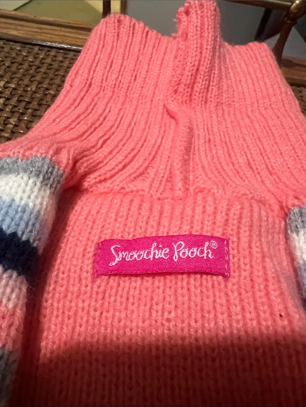 Coral Pink Striped Knit Dog Sweater with Navy & Light Blue Accents and Bows